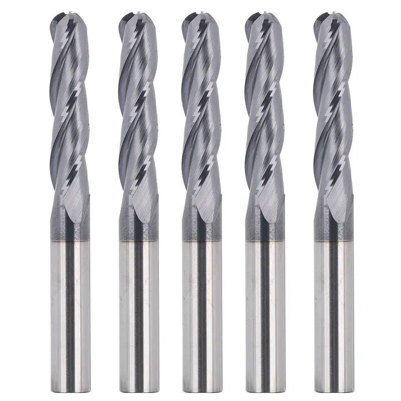 1/4″ Shank 3-Flute Ball Nose End Mills – 2-3/8″ OAL TiAlN-Coated Tungsten Carbide CNC Router Bits (5pcs)