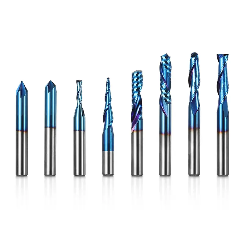 1/4″ Shank General-Purpose End Mill Set – 8pcs Nano Blue-Coated Carbide CNC Router Bits for Diverse Materials