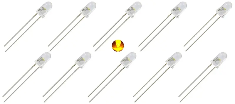 10-Pack 5mm Amber LED — High-Luminosity White Clear Lens, 1800 mcd @ 20mA, 30° Beam Angle