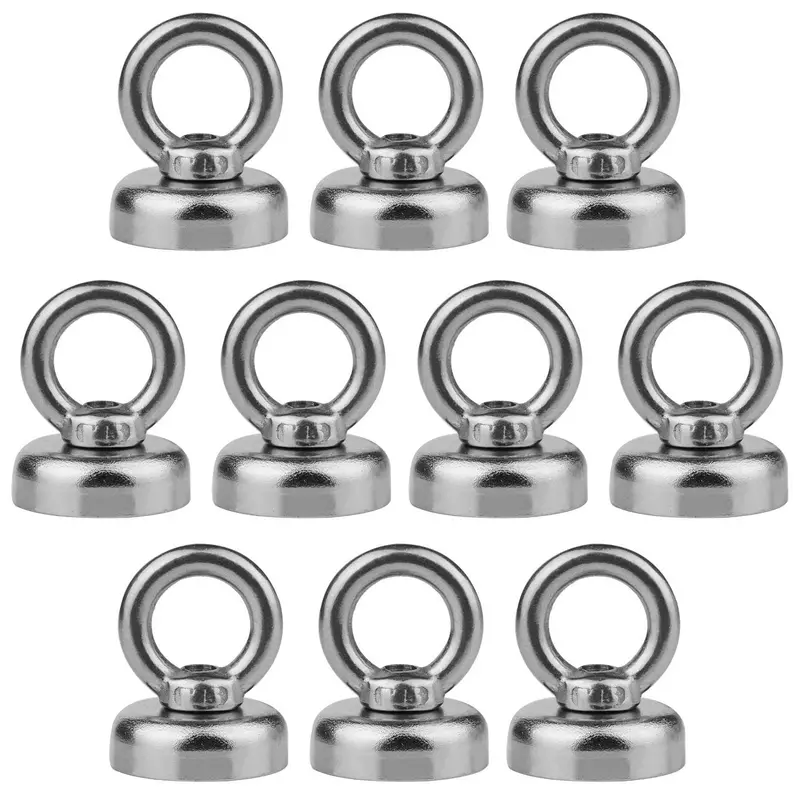 10-Pack High-Strength Salvage Magnets – 22 lb Pull, NdFeB Pot Design with Eyebolt Hooks