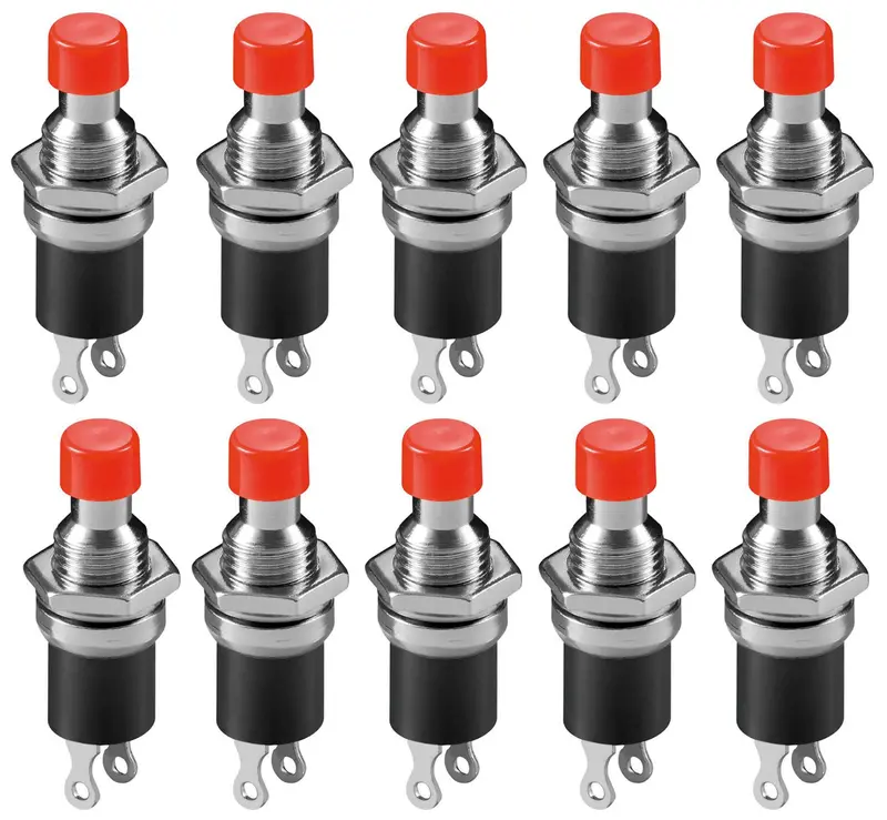 10-Pack NO Momentary Pushbutton Switch – Red Round Button, 2-Pin Solder Lug Termination