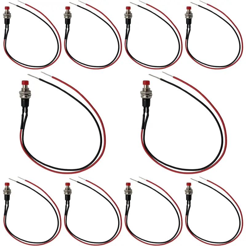 10-Pack Red Momentary Push Switches — Normally Open, Panel Mount, 8-Inch Leads