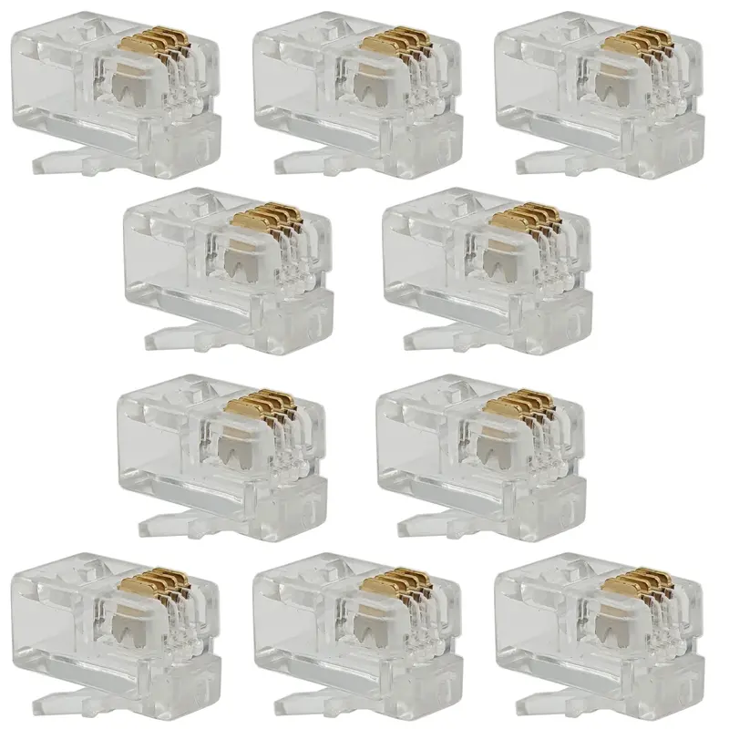 10-Pack RJ11-4 Modular Plugs – 6P4C Crimp-On Connectors for Stranded Telephone Cable