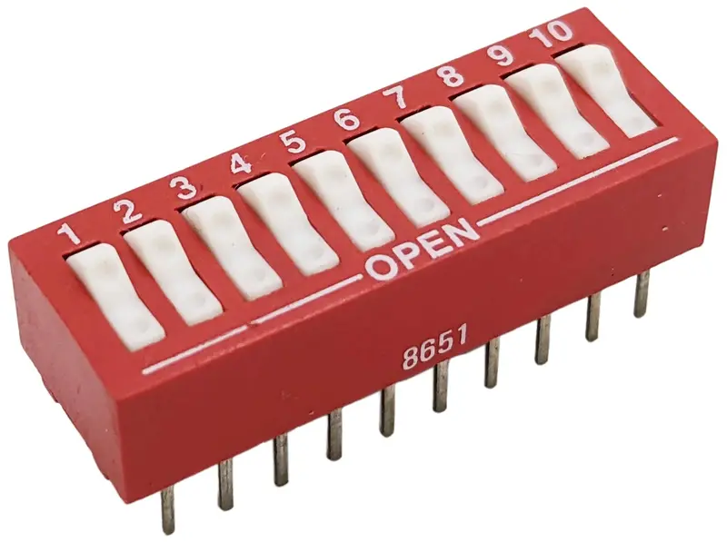 10-Pole Rocker-Style DIP Switch – SPST, 20-Pin, Red Housing (27.4 × 9.6 × 7.9 mm)