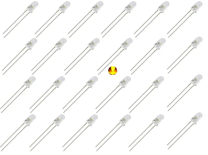 100-Pack 5mm Super-Bright Amber LED — White Clear Lens, 1800 mcd at 20mA, 30° Viewing Angle