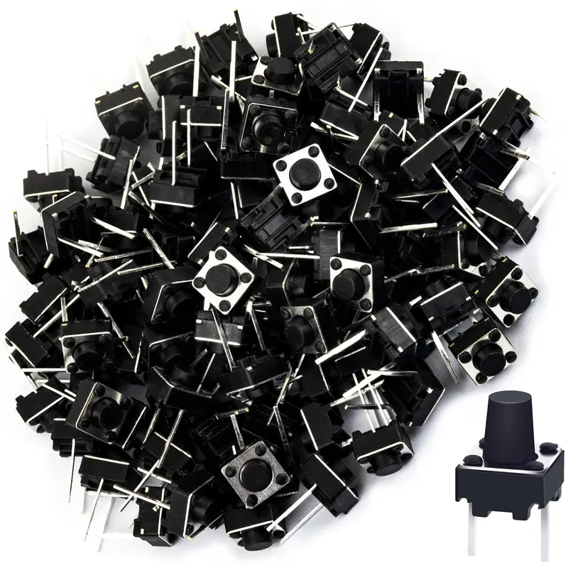 100-Pack 6×6×7mm Momentary Tactile Push Buttons – 2-Pin Through-Hole, PCB/Breadboard Friendly