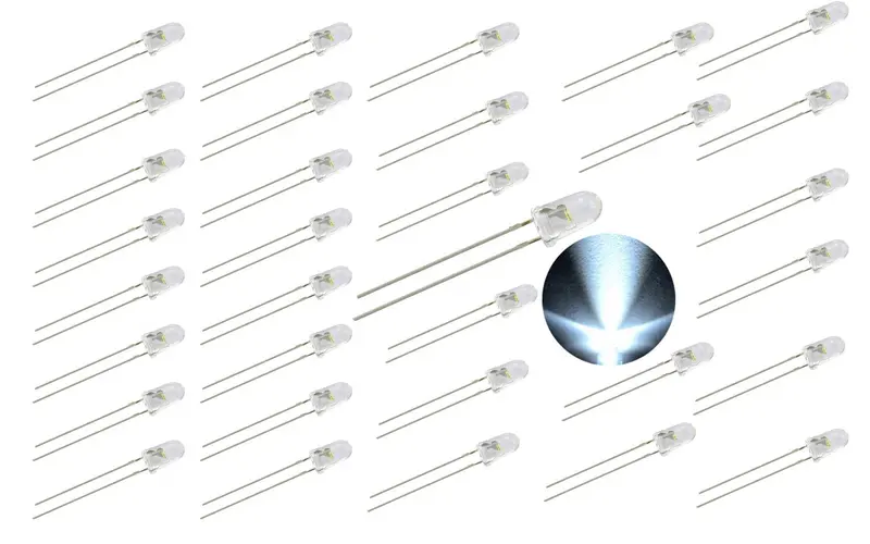 100-Pack Bright White 3mm LEDs – Clear Lens, 4000 mcd Output at 20mA, Narrow 30-Degree Beam