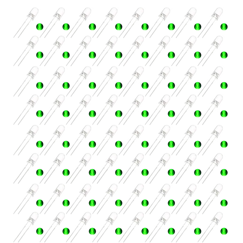 100-Pack Green 3mm Transparent LEDs – Standard Through-Hole Indicator Lights