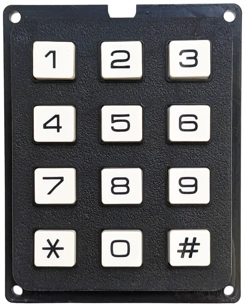 12-Key Membrane-Style Keypad — 0.1″ Pitch Header Output, Black Housing with White Keys (2″ × 0.45″ × 2.5″)