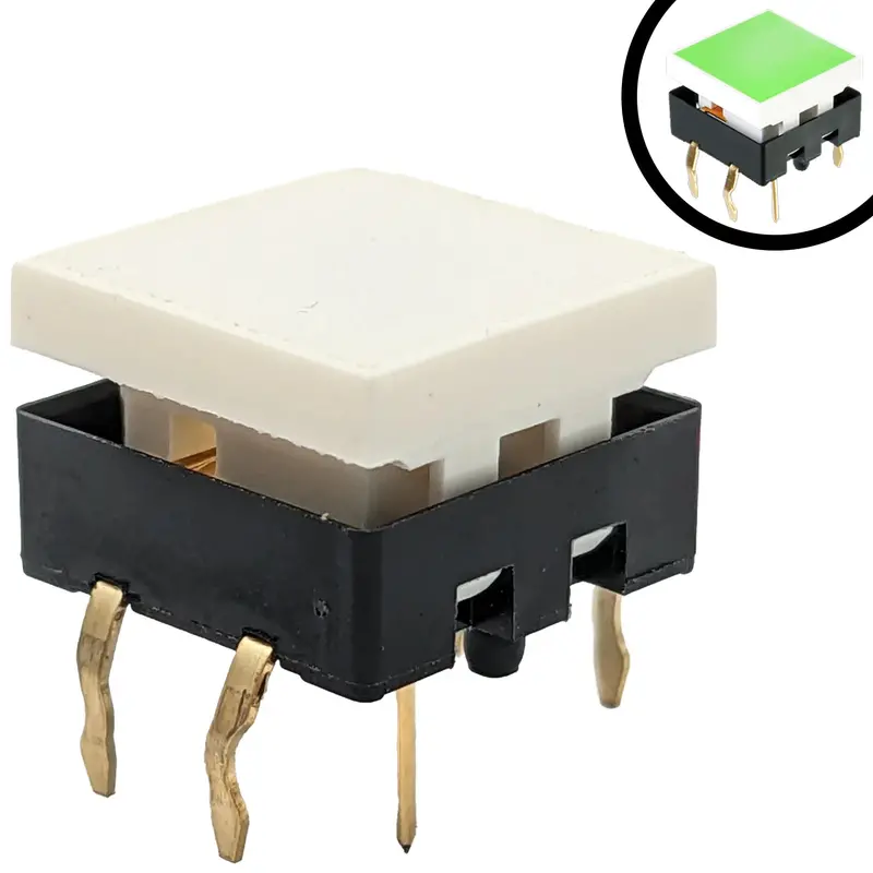 12 mm Illuminated Green LED Push Button – PCB Mount, White Cap