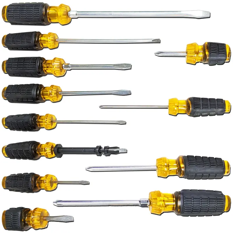 12-Piece Magnetic Screwdriver Set – 8 Slotted + 4 Phillips Tips with Anti-Roll Rubber Grips