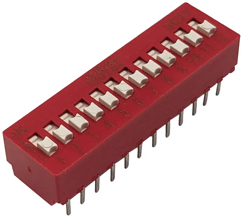 12-Position Red DIP Switch — 24-Pin SPST, 32.6mm × 9.6mm × 7.4mm