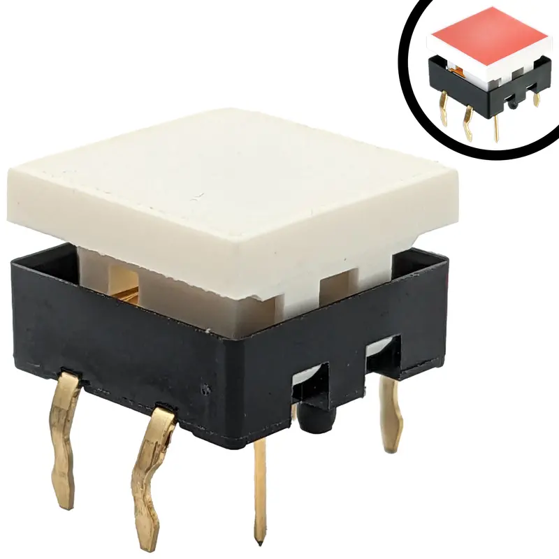 12mm Illuminated Red LED Push Button Switch for PCB Mounting – White Actuator