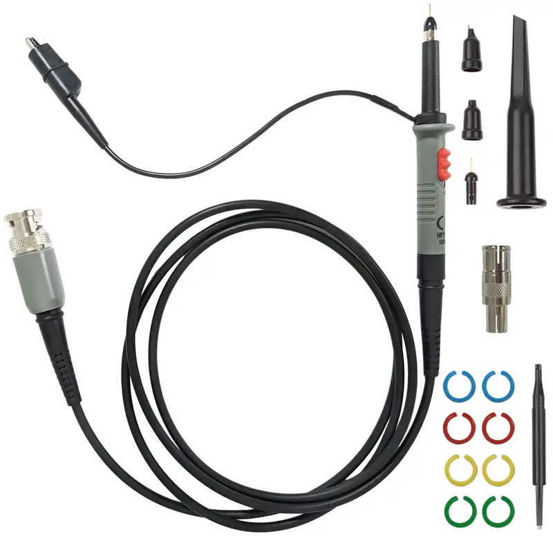150 MHz Passive Oscilloscope Probe — Switchable 1X/10X Attenuation, Includes Hook Tips and Ground Leads