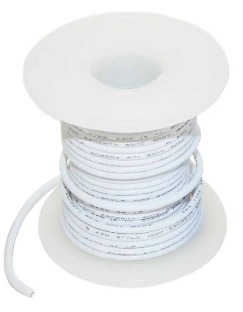 18 AWG Stranded Hookup Wire – White, 100 ft Spool (Color May Vary), 300V