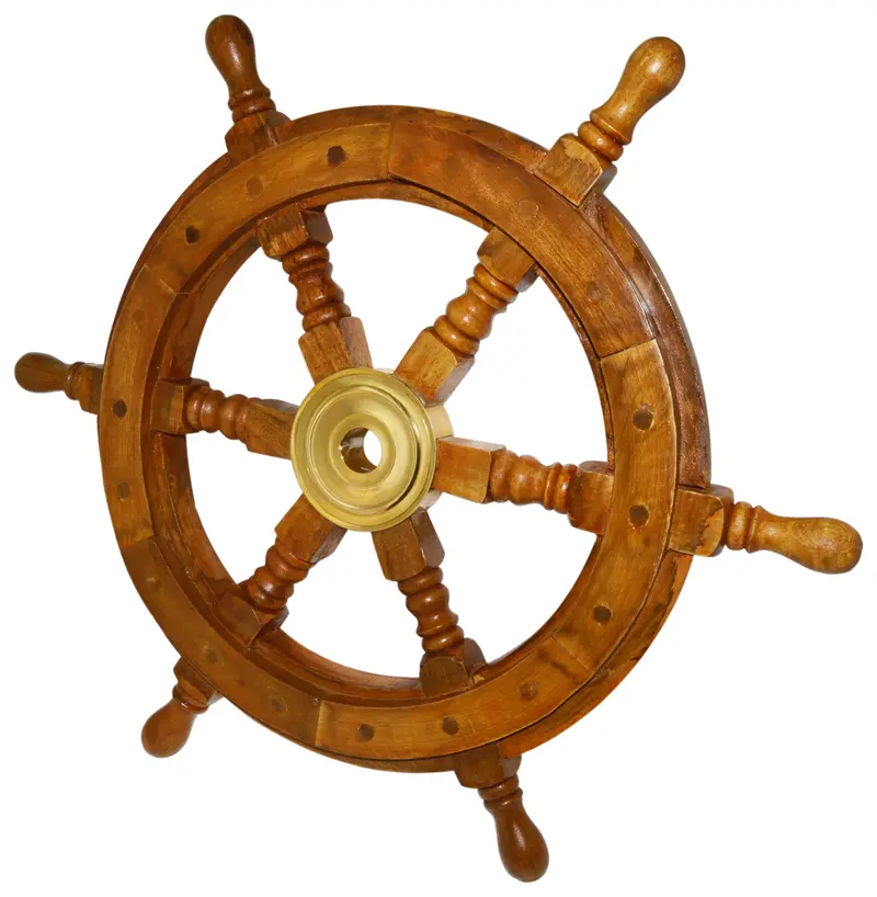 18″ Maritime-Themed Wooden Ship Helm Decor – Solid Wood Wheel with Polished Brass Center