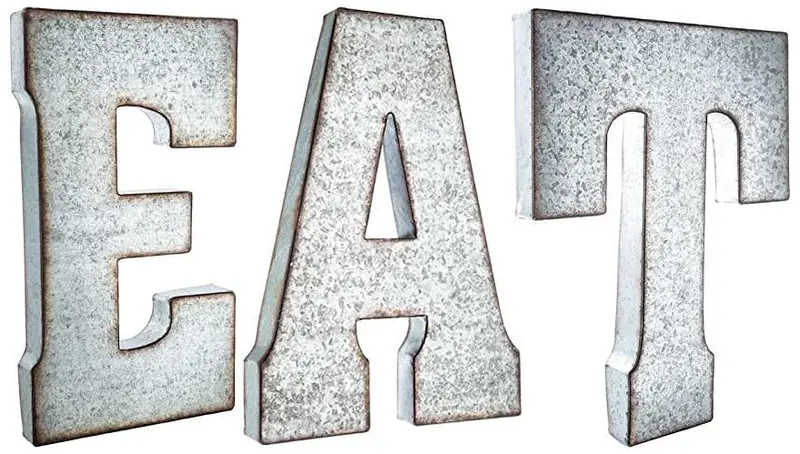 20-Inch Tall “EAT” Metal Wall Letters – Rustic Silver Hanging Sign with Aged Edges, Galvanized Farmhouse Décor