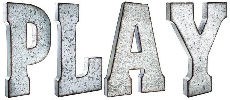 20-Inch Tall Galvanized Metal “PLAY” Wall Art – Rustic Silver Finish, Farmhouse or Mid-Century Decor