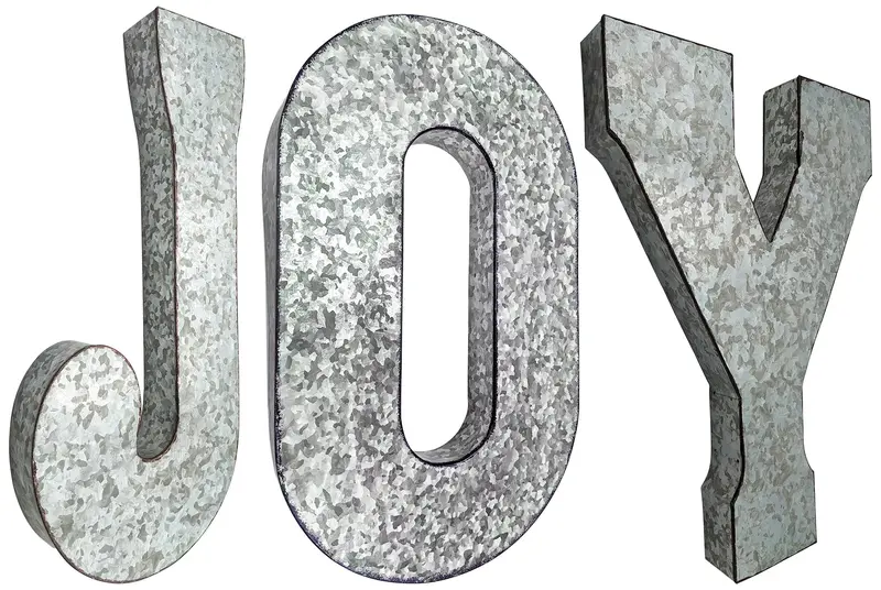 20-Inch Tall “JOY” Metal Wall Letters – Vintage Silver Hanging Sign with Distressed Edges, Mid-Century Décor Accent
