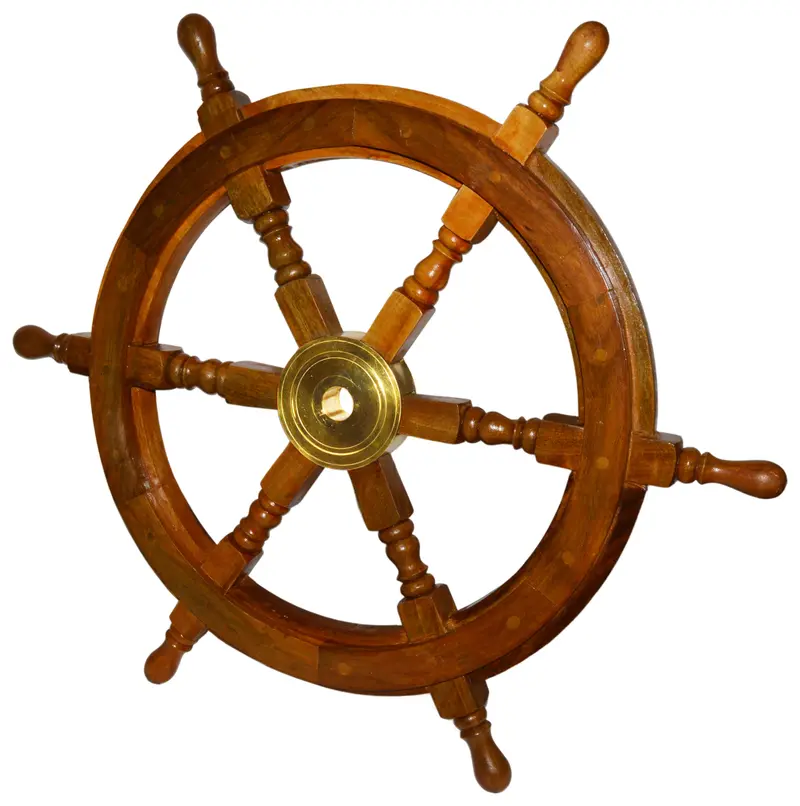 24″ Nautical Ship Steering Wheel Wall Art – Hand-Turned Spokes, Brass Hub, Brown Stained Wood