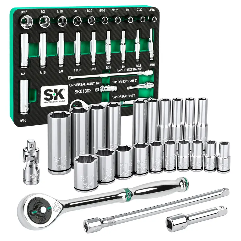 24-Piece 1/4″ Drive Chrome Socket Set – SAE, Shallow & Deep, with 216-Position Ratchet