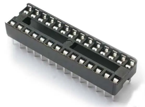 28-Pin Narrow-Body Low-Profile Solder-Tail IC Socket – Space-Saving DIP Mount