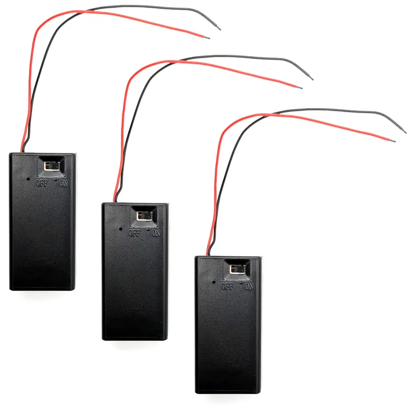 3-Pack 9V Battery Holder with Power Switch – Compact Enclosed Design with Color-Coded Wire Leads