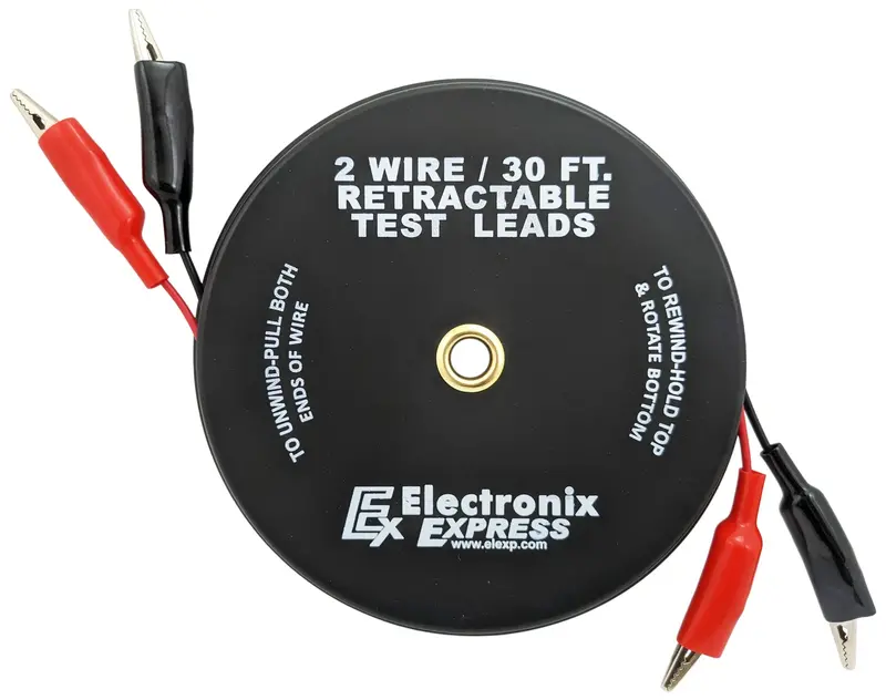 30-Foot Retractable 2-Wire Test Lead Set – Red/Black 18 AWG with Alligator Clips for Automotive & Marine Diagnostics
