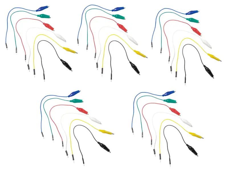 30-Piece Color-Coded Alligator-to-Male-Jumper Test Lead Set (5 Each: Red, Black, Green, Yellow, White, Blue – 8″ Length)