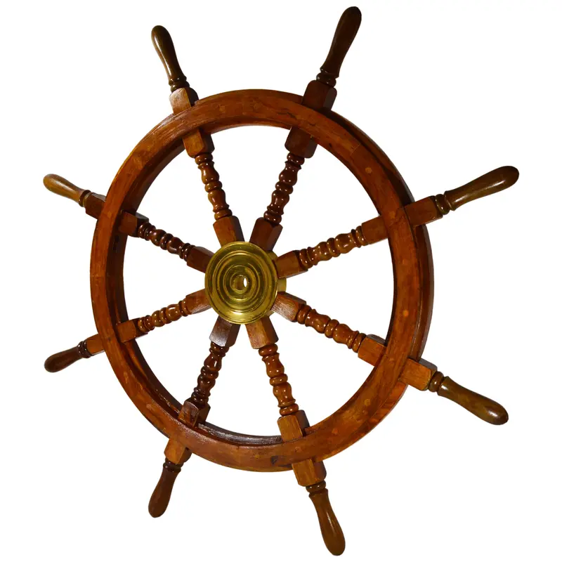 36″ Wooden Nautical Ship Wheel Wall Decor – Brass Hub, Turned Spokes & Handles, Brown Finish