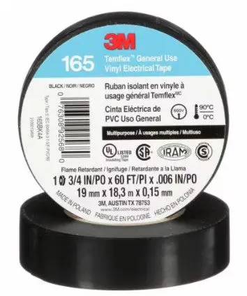 3M™ Temflex™ 165 Vinyl Electrical Tape — 3/4″ × 60 ft × 0.006″ Thickness, Black