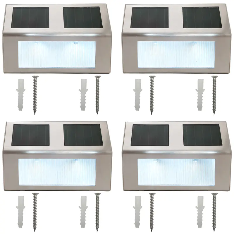 4-Pack Weatherproof Solar-Powered Downward-Facing Cool White LED Wall Lights – Auto On/Off, Slim Stainless Steel Design