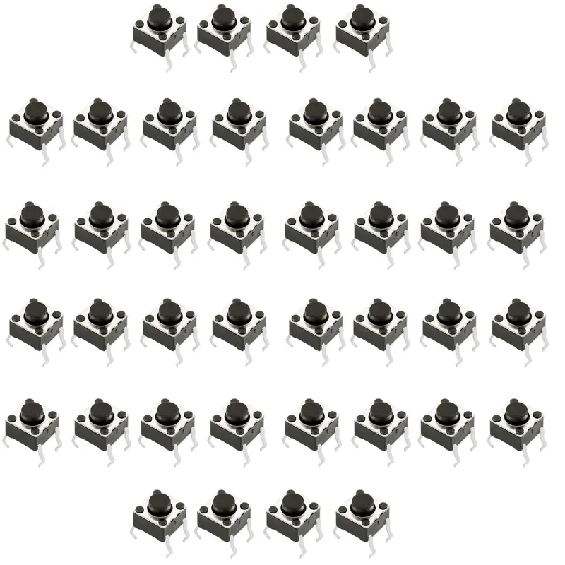 40-Pack 6mm Square Tactile Momentary Switch – Black Round Actuator, 1.5mm Button Height