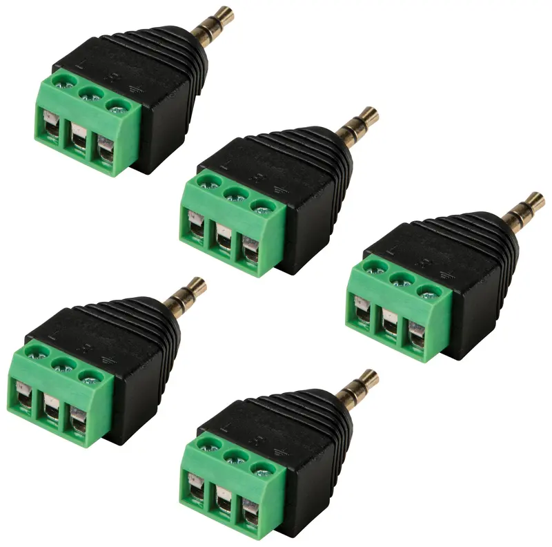 5-Pack 3.5mm Stereo Plug to 3-Pin Screw Terminal — Compact Audio Input/Output Adapter