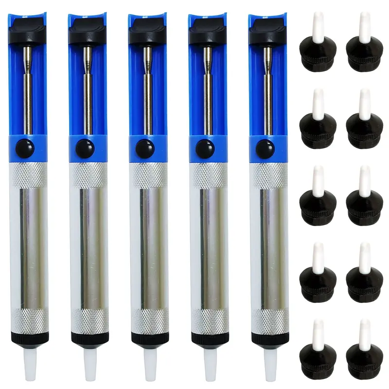 5-Piece RoHS-Compliant Desoldering Pump Set with 10 Replacement Tips (2 per pump)