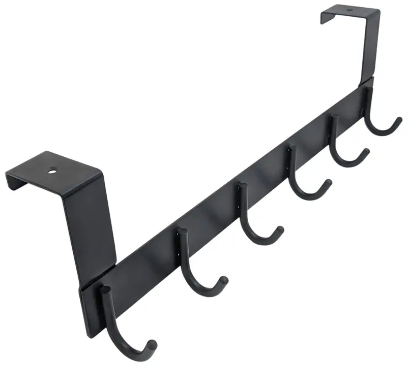 6-Hook Matte Black Over-the-Door Hanger — 16-Inch Sleek Design with 2-Inch Hooks