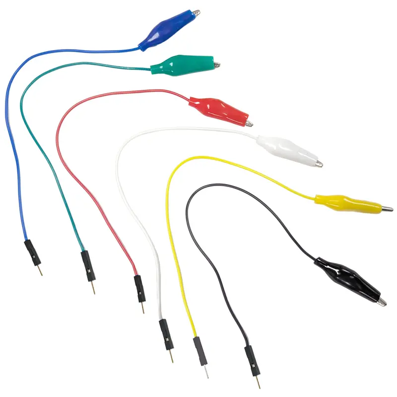 6-Piece Assorted-Color Alligator-to-Male-Jumper Leads (Red, Black, Green, Yellow, White, Blue – 8″ Wires)