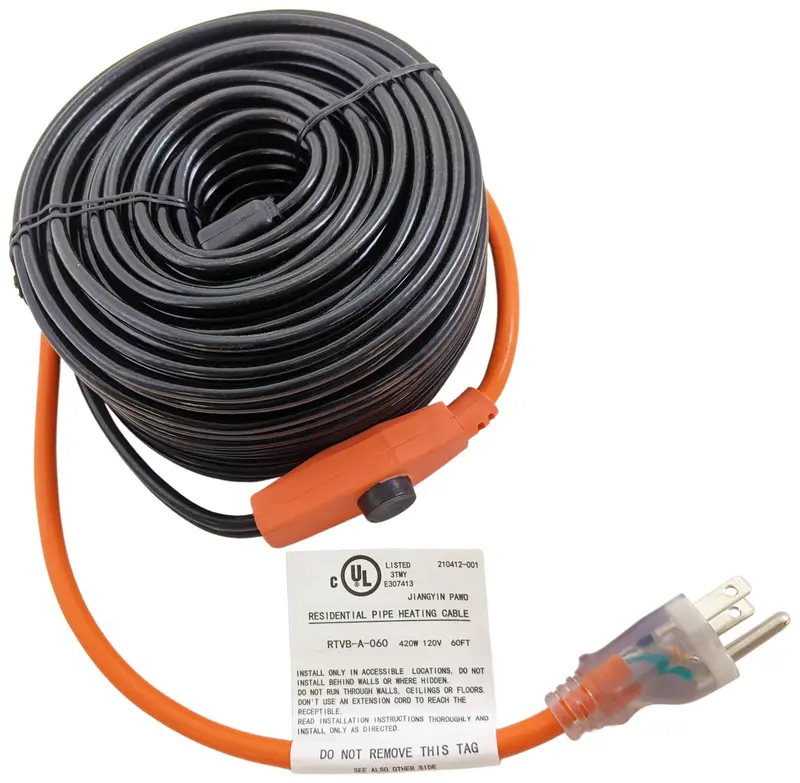 60-Foot Self-Regulating Pipe Heat Cable – 120V, 420W, Built-in Thermostat for Freeze Protection