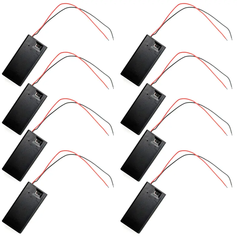 8-Pack 9V Battery Holder with Toggle Switch – Enclosed Plastic Housing, Red/Black Leads Included