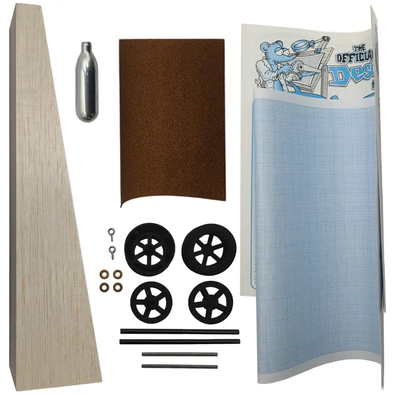Balsa CO₂ Dragster Build Kit – Complete Starter Set with Body Blank, Cartridge, Wheels, Axles, Sandpaper, Graph Paper, and Step-by-Step Guide