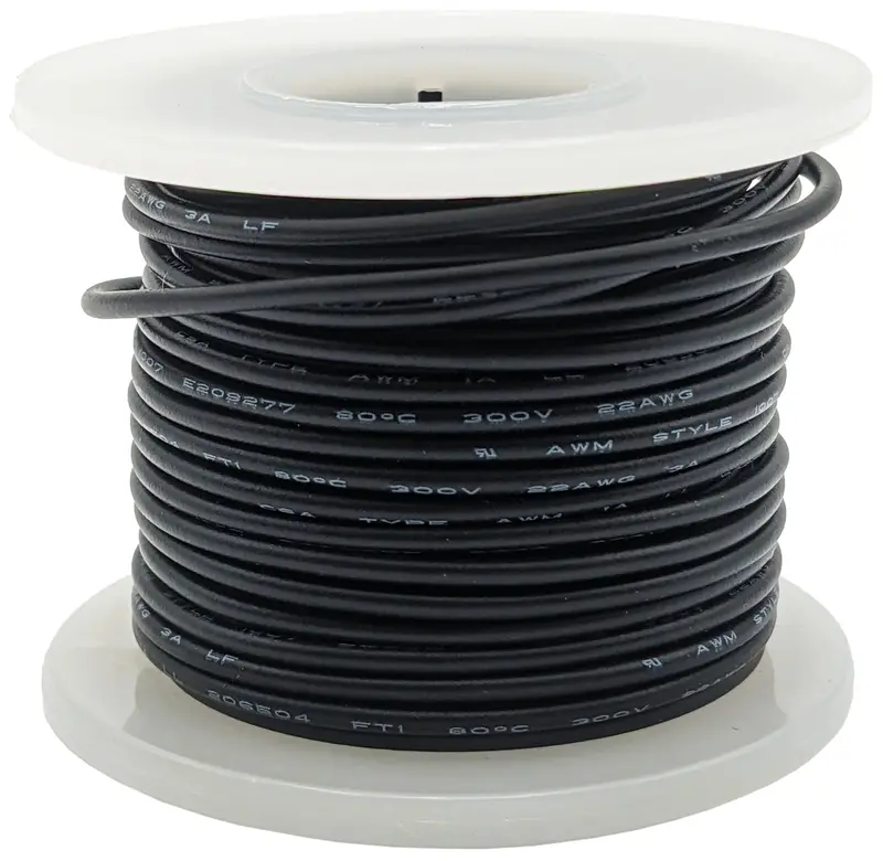 Black 22 AWG Stranded Hook-Up Wire – 25 ft Spool, Tinned Copper, PVC