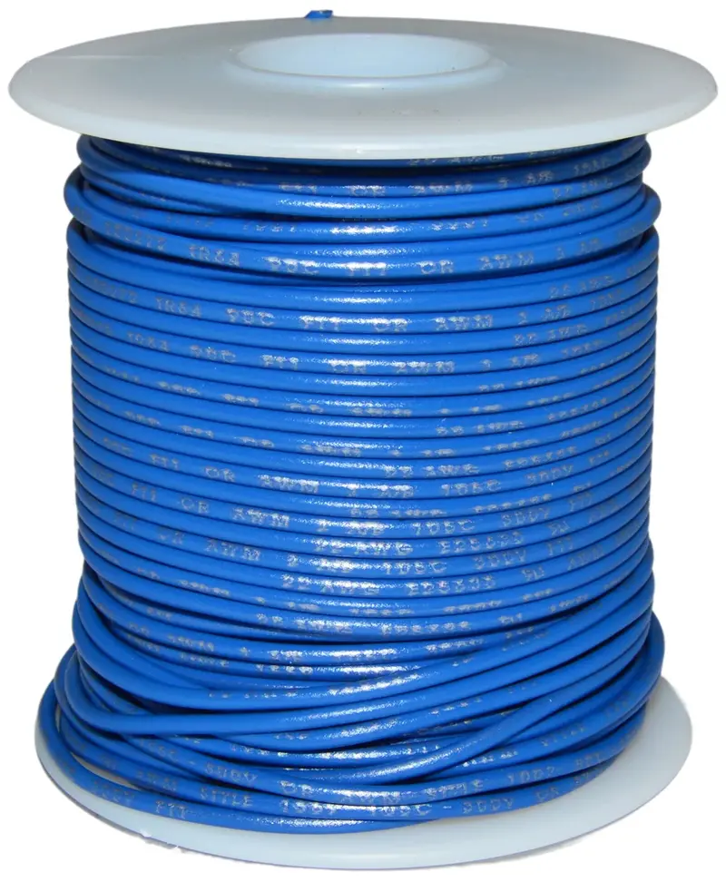 Blue 22 AWG Solid-Core Hook-Up Wire – 100-Foot Spool, 300V PVC-Insulated, Tinned Copper Conductor