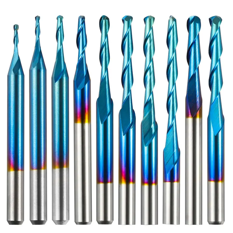 BN10A 2-Flute Ball Nose End Mill – 1/8″ Shank, 0.8–2.5mm Cutting Diameter, Spiral Router Bit (10-Pack)