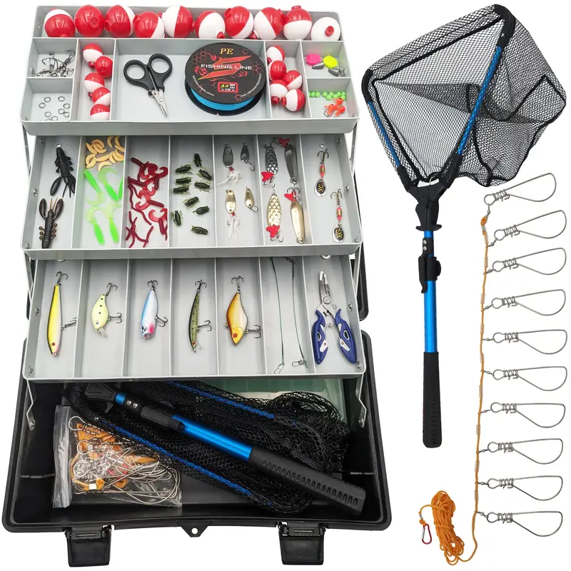Deluxe Fishing Starter Kit – Collapsible Net, Line, Stringer, Bobbers, Hooks, Lures, Tools & 3-Tier Tackle Box