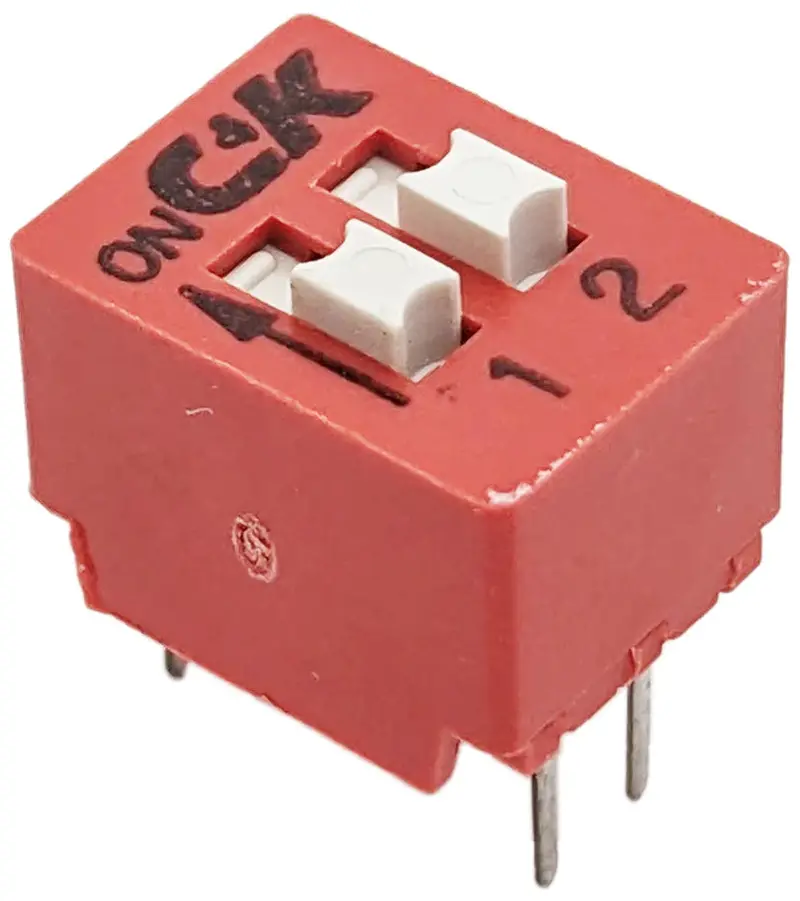 Dual-Pole Red DIP Switch — 4-Pin SPST, 7.1mm × 9.7mm × 7.5mm