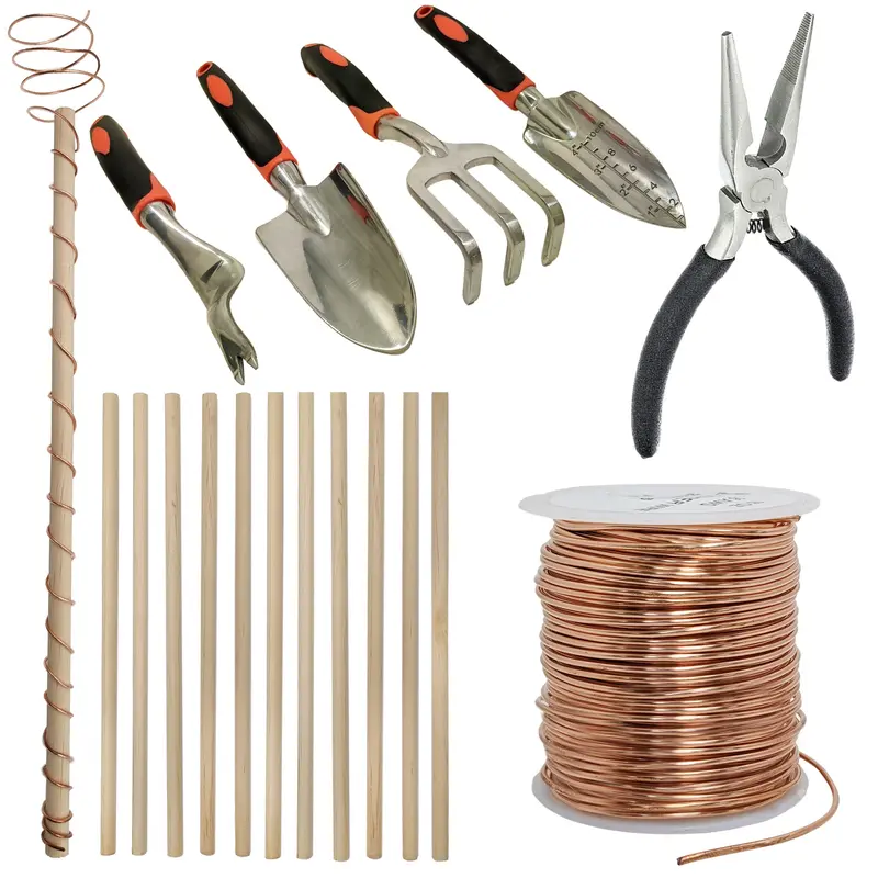 Electroculture Gardening Kit – Complete DIY Set with 12 Copper Dowels, 63 ft Wire, Trowel, Cultivator, Rake & Weed Remover