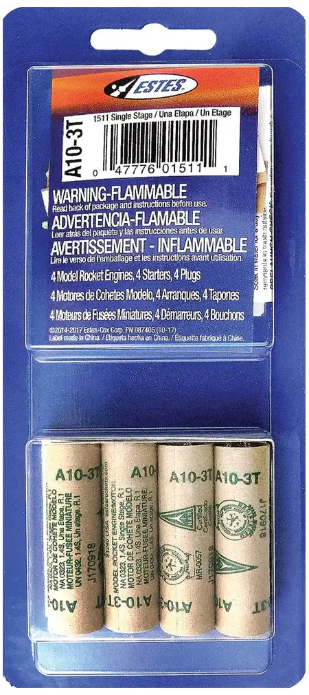 Estes A10-3T Model Rocket Engine Pack – 4 Engines with Starters and Plugs (SKU 1511)