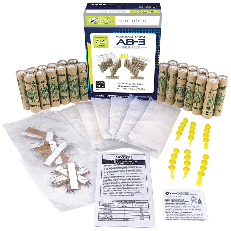 Estes A8-3 Bulk Rocket Engine Pack – 24 Reliable Engines with Igniters, Plugs, and Recovery Wadding (Model #1781)