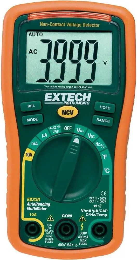 EXTECH EX330 Autoranging Mini Multimeter – 4000-Count with NCV Detector and Type K Thermocouple Support