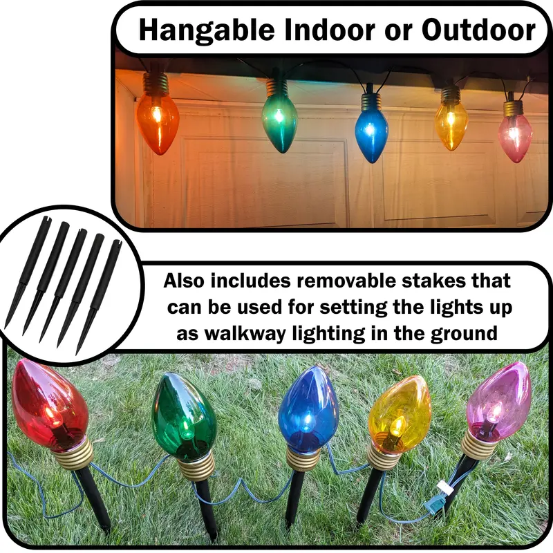 Extra-Large 7.5-Inch Outdoor/Indoor Christmas Walkway & Hanging Lights – 5-Color LED String (Red, Green, Blue, Yellow, Purple) with Removable Stakes and 7-Foot Connectable Cord